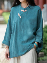 Women Retro Loose Color Matching Plate Button Shirt
